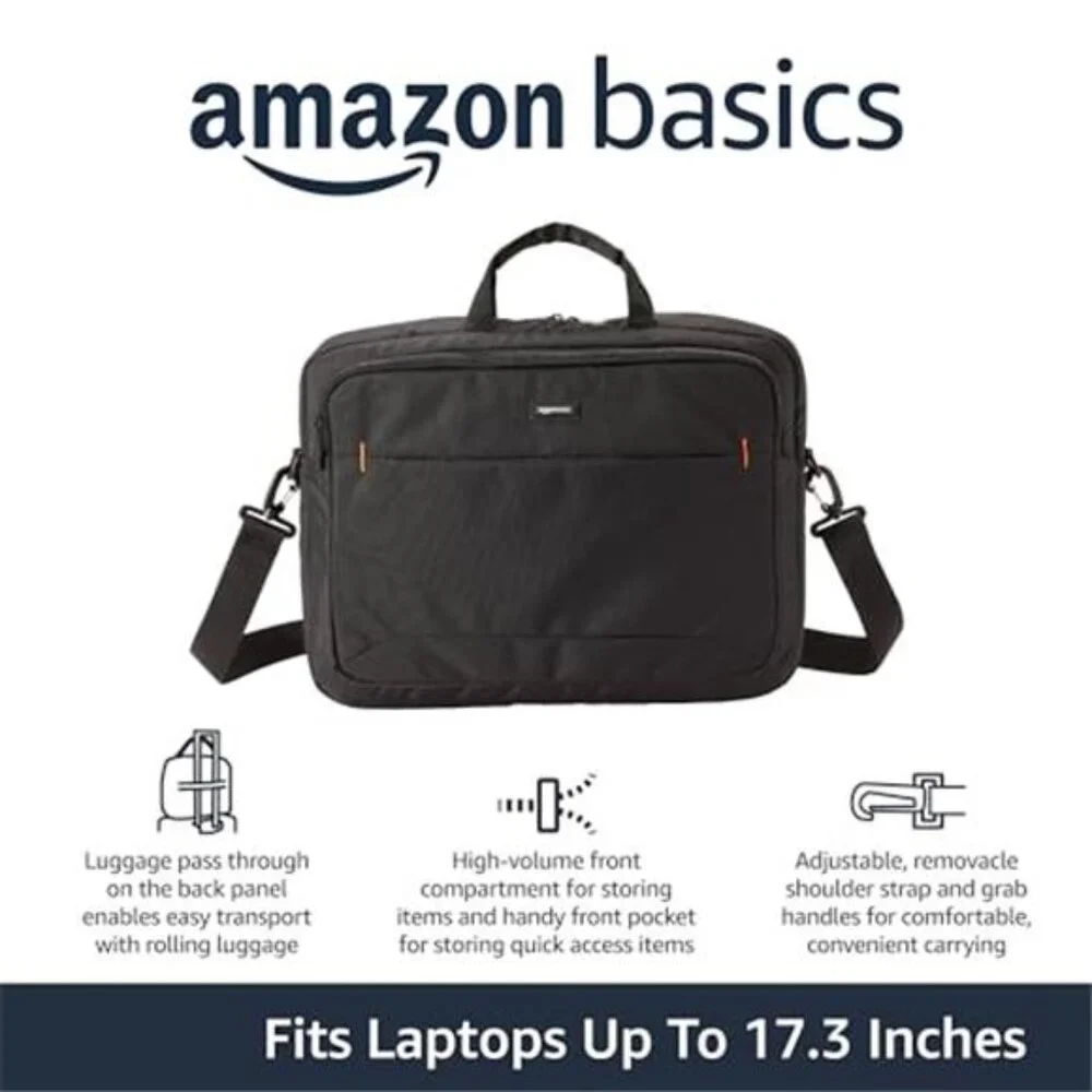 Laptop Shoulder Bag with Compartments, 17.3-inch, Black, Large